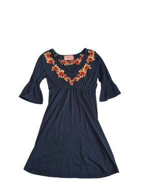 Johnny Was Navy Blue Flower & Bird Embroidered Dress